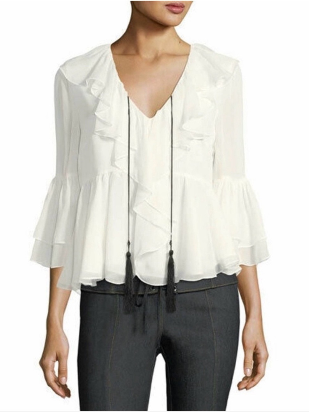 Cinq a Sept Ruffle 100% Silk Blouse V Neck Tassel Top Ivory Size Medium